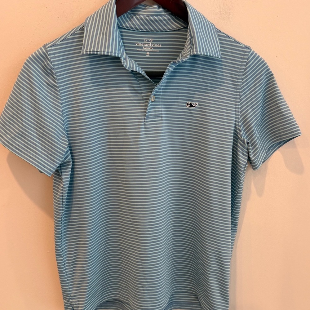 Vineyard Vines Kids Sankaty Striped Performance Polo Blue Green M 12-14